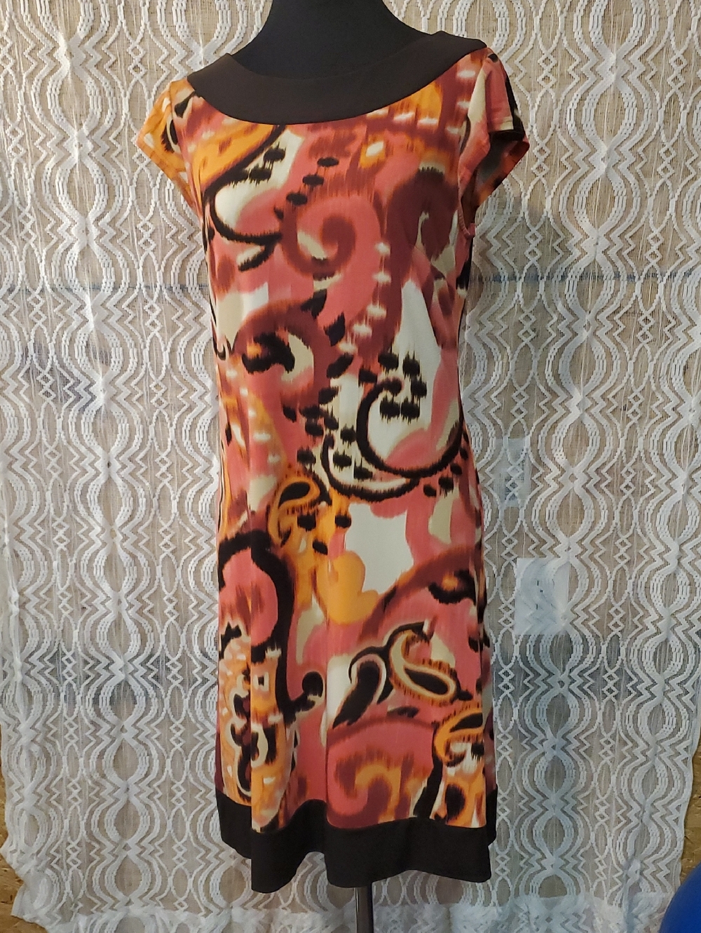 Liz Claiborne Coral, Orange and Brown Abstract Midi Dress